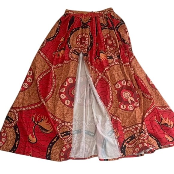 Colorful African Print Front Thigh Hight Slit Long Gathered Ankara Maxi Skirt L - Picture 6 of 7